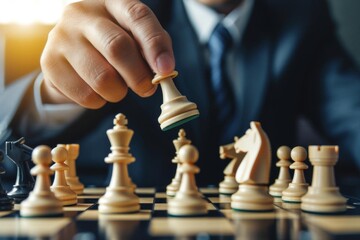 Businessman strategically moving a chess piece on a chessboard Symbolizing strategic thinking Decision-making And leadership in business