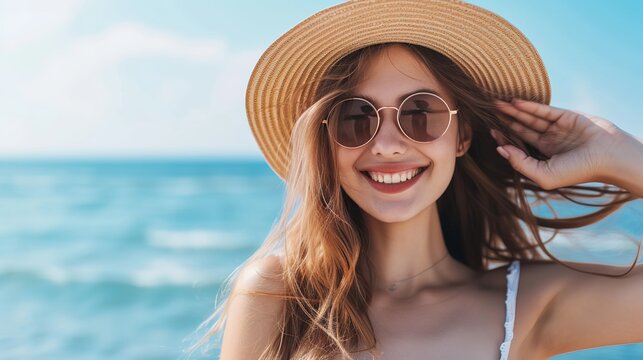 Portrait of happy girl posing on sea background while touching her hat. She is looking joy and laughter. Lady is wearing sunglasses. Pleasant summer resort. 