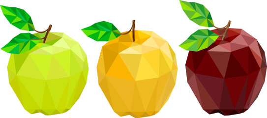 apple in low poly style. green apple, yellow apple, red apple.
