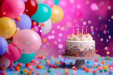 Festive happy birthday background Balloons Cake Celebration