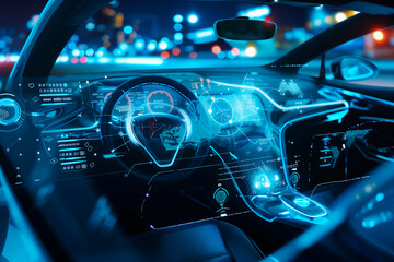 car in a futuristic state with an interface - obrazy, fototapety, plakaty