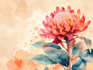 Watercolour illustration of a romantic waratah flower on a creamy background, suitable for mother's day, birthday, wedding invitation card, or banner. Exotic and elegant.