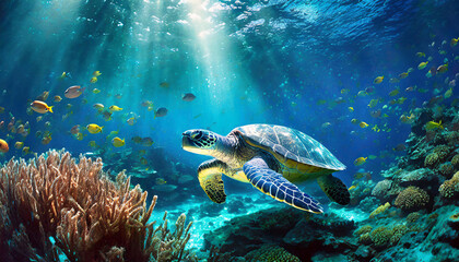 Turtle swimming underwater with school of tropical fish