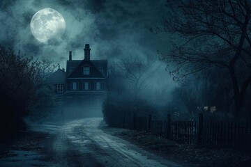 Halloween concept background with a realistic horror house Creepy street And moonlight Creating a spooky and atmospheric setting