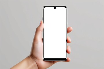 Hand holding smartphone Transparent screen mockup No background