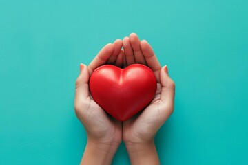 Hands holding red heart Blue background