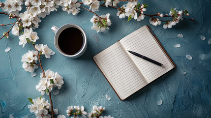 Beautiful background with notepad and cup of coffee with blooming spring flowers branch on blue background