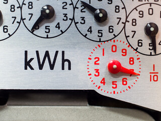 Electric meter close-up of kWh symbol and measuring dials. Concept for high bills, energy power consumption, price increase, inflation, meter reading, economy and cost of living.