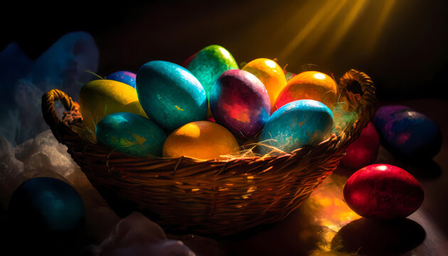Patterned vibrant Easter eggs in wooden basket