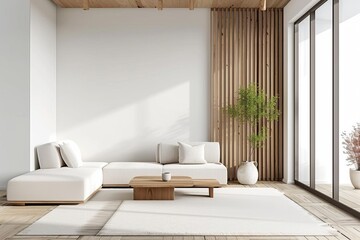 Minimalist modern living room interior with a scandinavian touch Featuring clean lines Natural materials And a peaceful Functional space