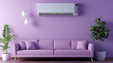Air conditioner hanging on the light wall of a cozy lilac room with furniture