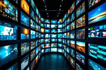 Multimedia images displayed on various television screens Representing the diversity and richness of visual content and communication