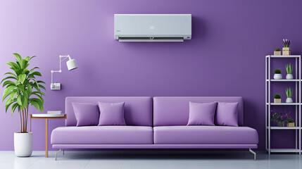 Air conditioner hanging on the light wall of a  lilac room with furniture - obrazy, fototapety, plakaty
