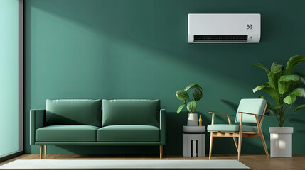 Air conditioner hanging on a light wall of a cozy green room with furniture