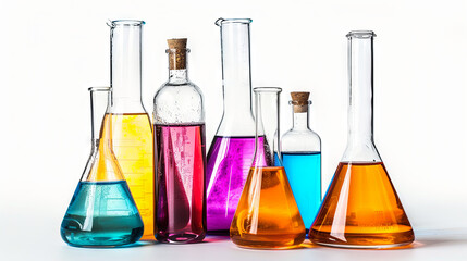 Glass laboratory flasks with colored liquid for experiments on a white isolated background