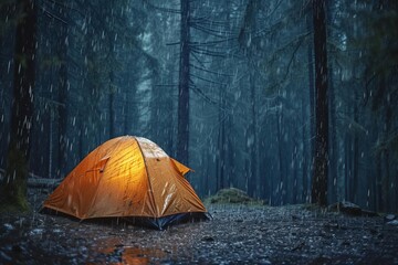 Rain on a tent in a quiet forest Depicting a tranquil and meditative camping scene during the night Perfect for relaxation and peace