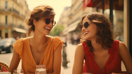 Two female best friends are smiling and having fun at a cafe outdoors 