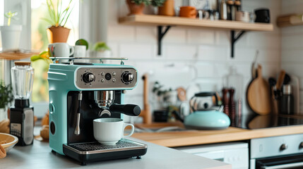 Coffee machine stands on the table and a cup in a bright cozy kitchen