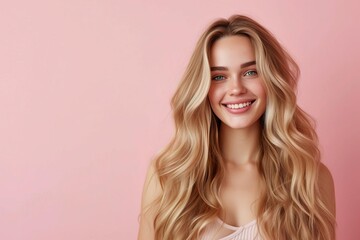 Naklejka premium Smiling young woman with long Groomed blonde hair Isolated on a pastel flat background Ideal for hair care product advertisements