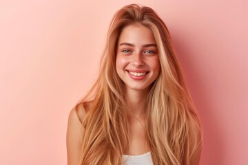 Fototapeta premium Smiling young woman with long Groomed blonde hair Isolated on a pastel flat background Ideal for hair care product advertisements