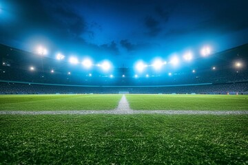 Obraz premium Soccer stadium alive with excitement under the bright illumination of stadium lights The night sky setting the stage for a thrilling match and the spectacle of sports