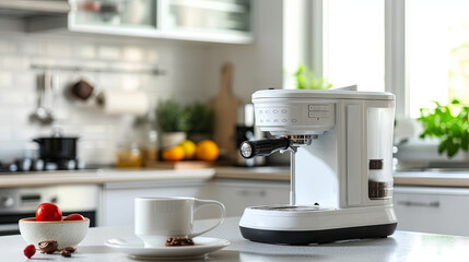 A beautiful coffee machine stands on the table of a bright cozy kitchen