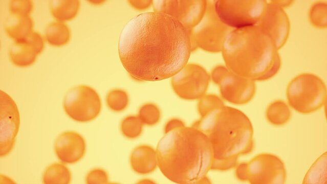 Oranges fly and rotate on an orange background. Mandarin, tangerine, oranges. Slow motion. 3d animation, 4K
