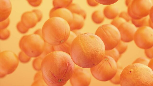 Juicy oranges floating against orange background. Mandarin, tangerine, oranges. Super Slow motion, selective focus. 3d animation video, 4K