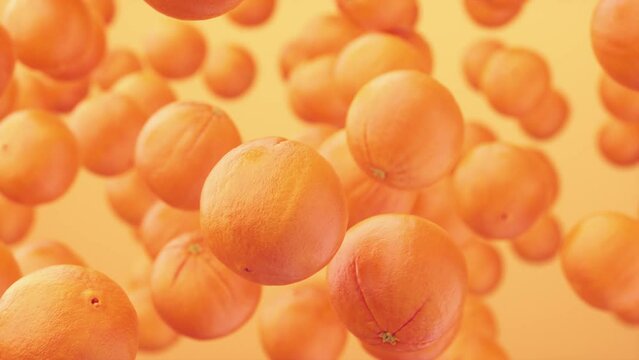 Super Slow Motion Shot of Oranges Flying Towards The Camera On An Orange Background. Shot of Exploding Oranges. Orange Fruit Flying And Rotating In Slow Motion. 3D Animation, 4K