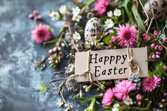 Happy Easter card with eggs and beautiful flowers with copy space. Dark background.