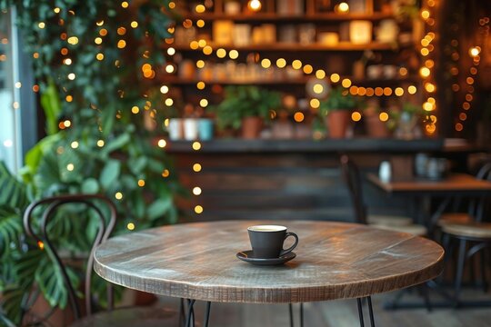 Stunning coffee shop photograph featuring a cozy shelf and table setup Perfect for cafe or restaurant decor with a magical bokeh effect