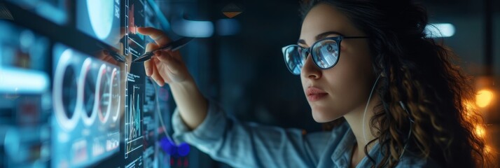 Businessman and businesswoman collaborating on a project with futuristic digital screens.