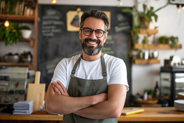 Small business owner testimonial image, Young person wearing an apron in the restaurant, mid aged man standing with his arms crossed, Portrait of a restaurant proprietor smiling and happily standing - obrazy, fototapety, plakaty