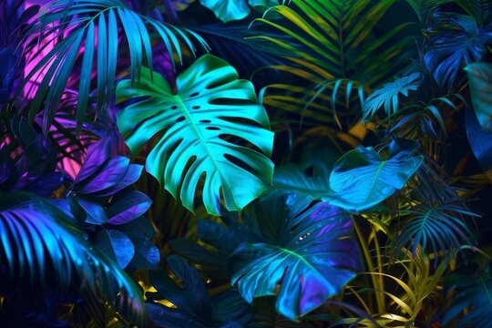 Tropical neon lights with lush green and vivid blue botanicals