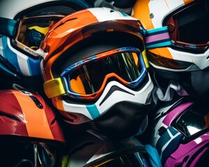 Diverse assortment of motocross helmets with stylish designs, representing the thrill of off-road racing.
