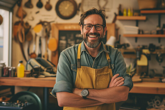Small business owner testimonial image, Young person wearing an apron in the workspace, mid aged man standing with his arms crossed, Portrait of a craftsman smiling and happily standing concept banner