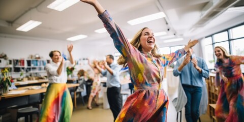 Joyful office celebration with employees dancing and laughing in a creative workspace.