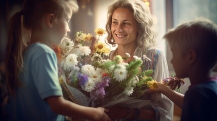 Smiling woman receiving a bouquet of fresh flowers from her children, creating a heartwarming family scene.