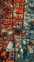 Fototapeta premium a bird's eye view of a city with lots of tall buildings and lots of orange boxes on the sides of the buildings and a river in the middle of the middle of the city.