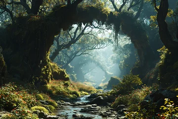 Foto op Plexiglas Bosrivier scene in a forest, a river flowing through a misty forest