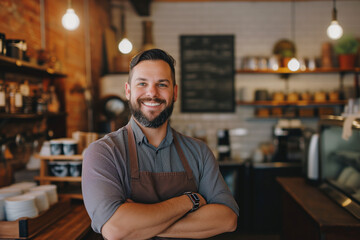 Fototapeta premium Small business owner testimonial image, Young person wearing an apron in the cafe, mid aged man standing with his arms crossed, Portrait of a coffee shop owner standing in the shop or cafe