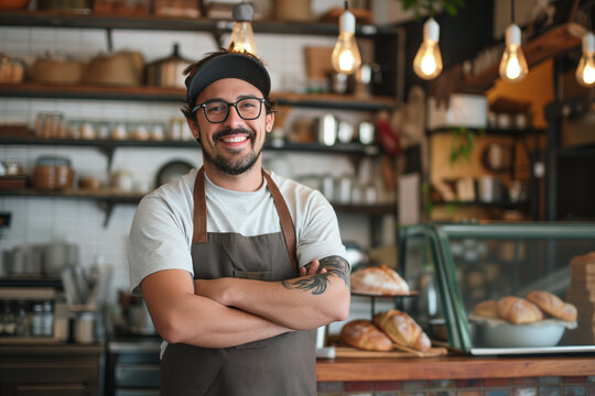 Small business owner testimonial image, Young person wearing an apron in the restaurant, mid aged man standing with his arms crossed, Portrait of a restaurant proprietor smiling and happily standing