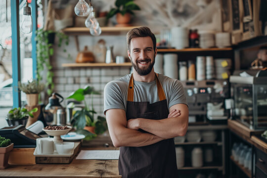 Small business owner testimonial image, Young person wearing an apron in the kitchen, young man standing with his arms crossed, Portrait of a coffee shop owner smiling and happily standing in the cafe