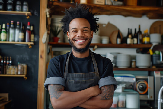 Small business owner testimonial image, Young person wearing an apron in the restaurant, mid aged man standing with his arms crossed, Portrait of a restaurant proprietor smiling and happily standing