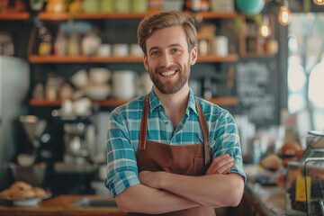 Obraz premium business owner testimonial image, smiling young businessman wearing an apron in the shop, indoor food and beverage photography with co worker standing in the shop wearing an apron wallpaper concept