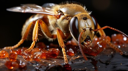 Macro Photography of Bee on Amber Droplets