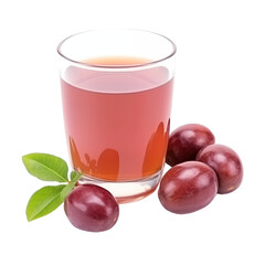 glass of 100% fresh organic jujube juice with sacs and sliced fruits png isolated on white background with clipping path. selective focus