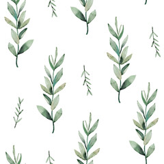 Watercolor seamless pattern with green eucalyptus branches.