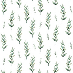 Seamless pattern with watercolor green branches. Hand painted illustration.