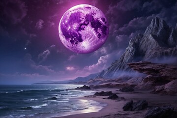 Purple Moon Over the Ocean With a Mountain in the Background. Generative AI.